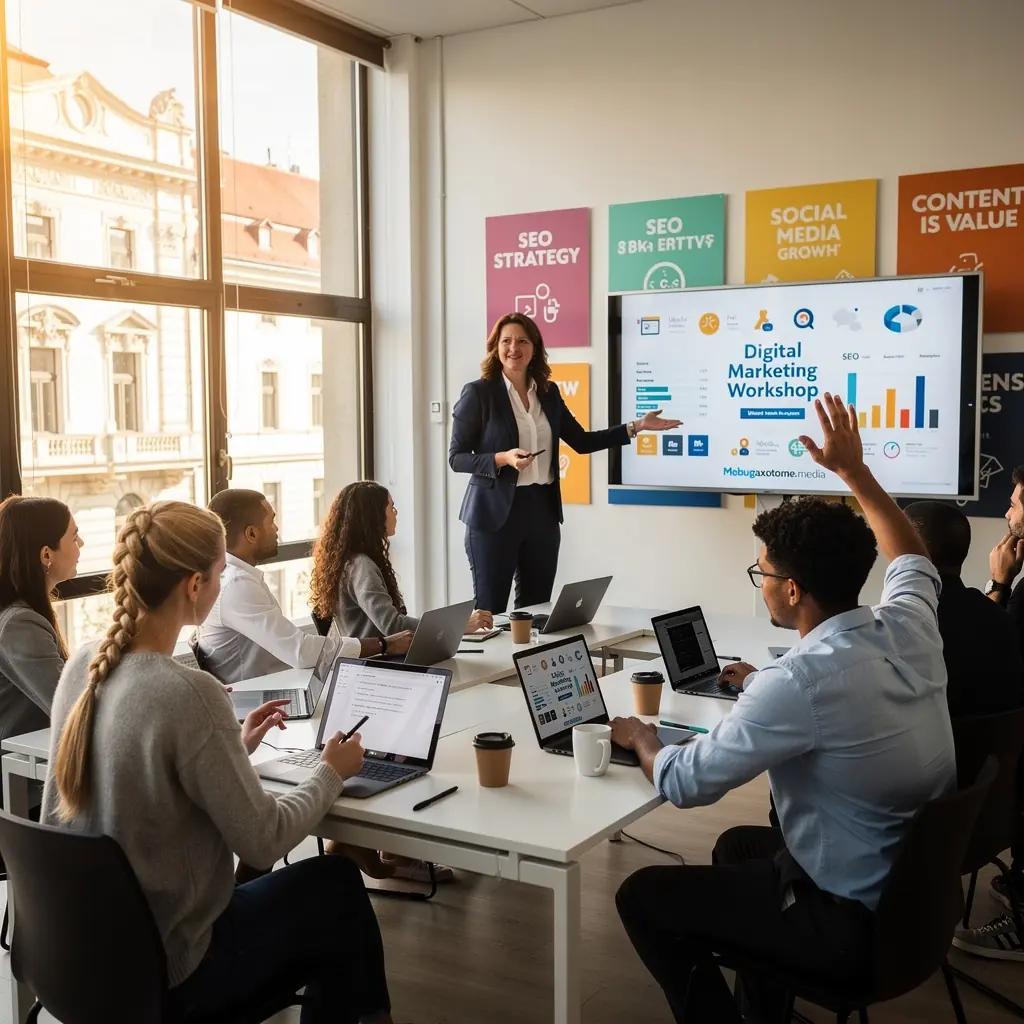 Ein Dozent, der eine Präsentation über Suchmaschinenoptimierung (SEO) vor einem interessierten Publikum hält.