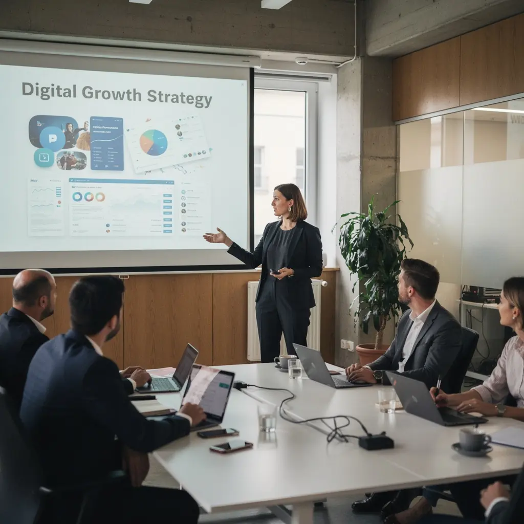 Ein Dozent, der eine Präsentation über Suchmaschinenoptimierung (SEO) vor einem interessierten Publikum hält.